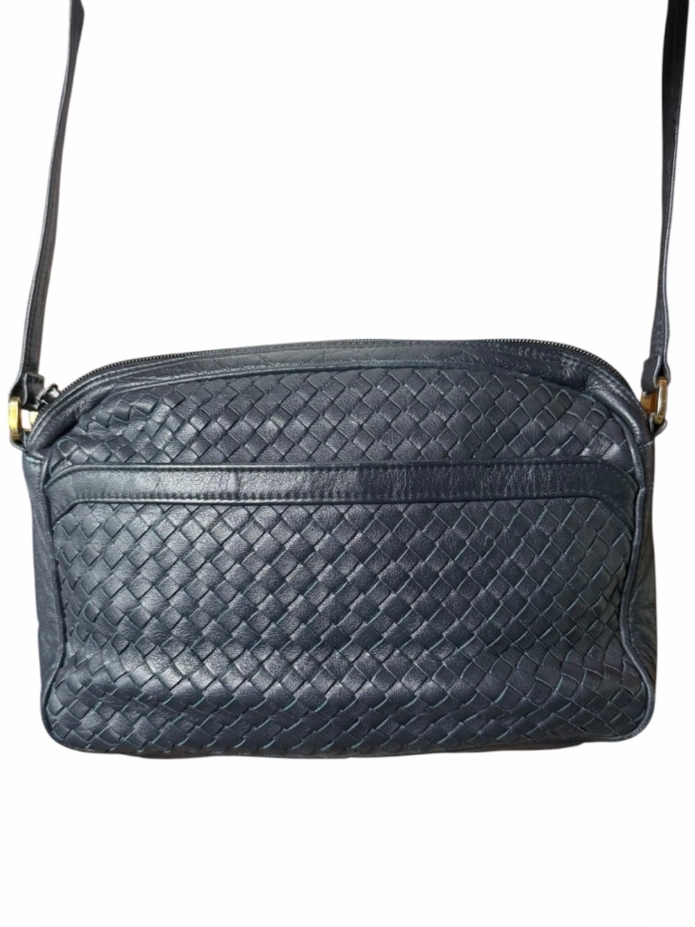 VTG Ganson Woven Leather Crossbody Handbag Shoulder Bag Purse Navy Blue